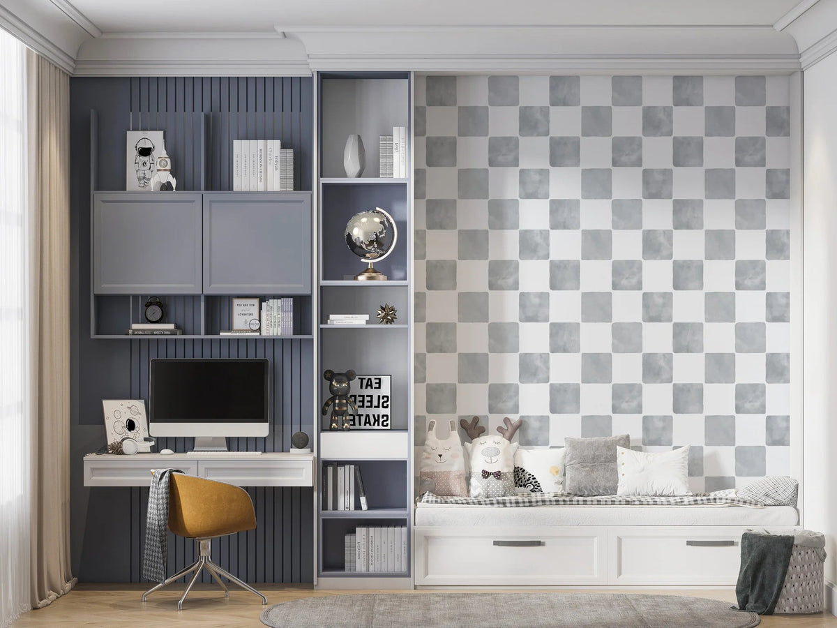MUNKS & ME-Papier Peint Chambre Enfant à Motif Répété - À Carreaux Billys | Bleu
