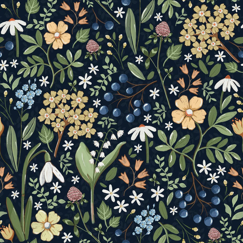 DEKORNIK-Papier Peint Pour Enfants Bleu Marine Champ De Fleurs