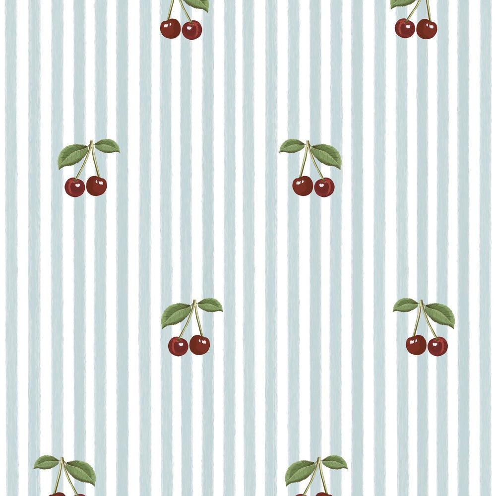 DEKORNIK-Papier Peint Pour Enfants Petites Cerises Sur Rayures Bleues