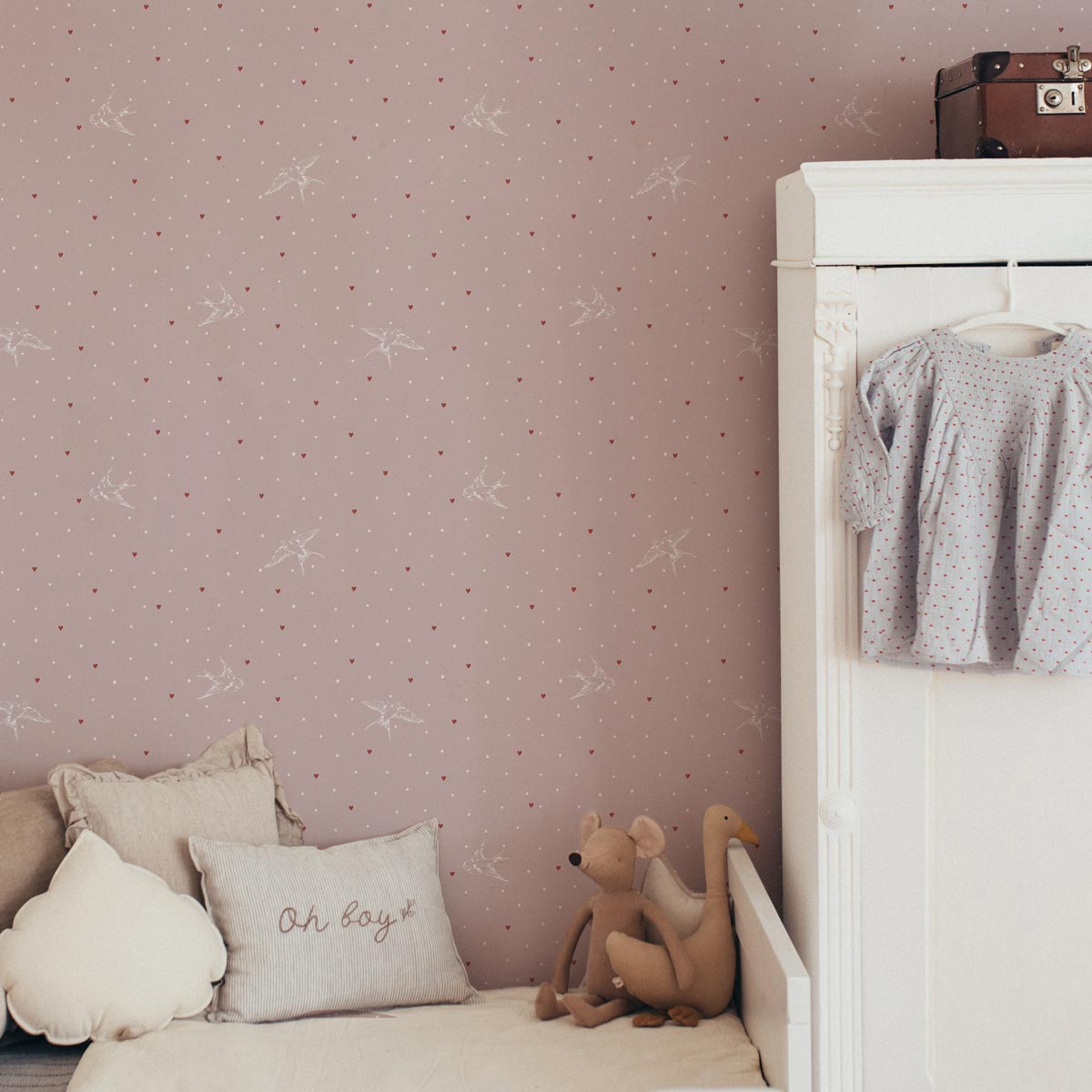 DEKORNIK-Papier Peint Pour Enfants Rose Hirondelles