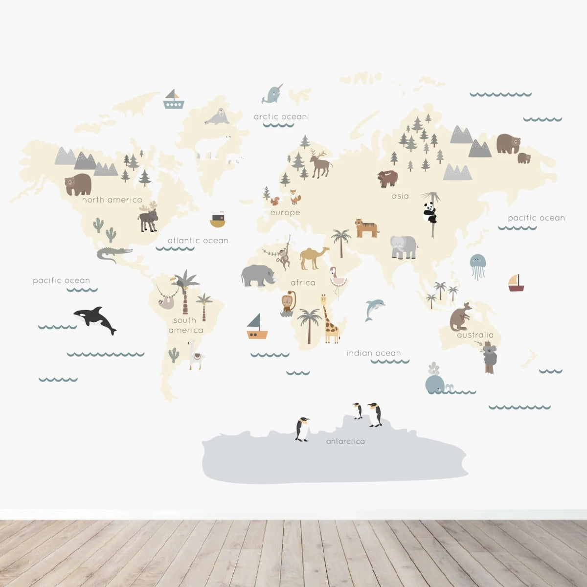 MUNKS & ME-Papier Peint Panoramique Pour Enfants - Carte Du Monde Avec Personnages