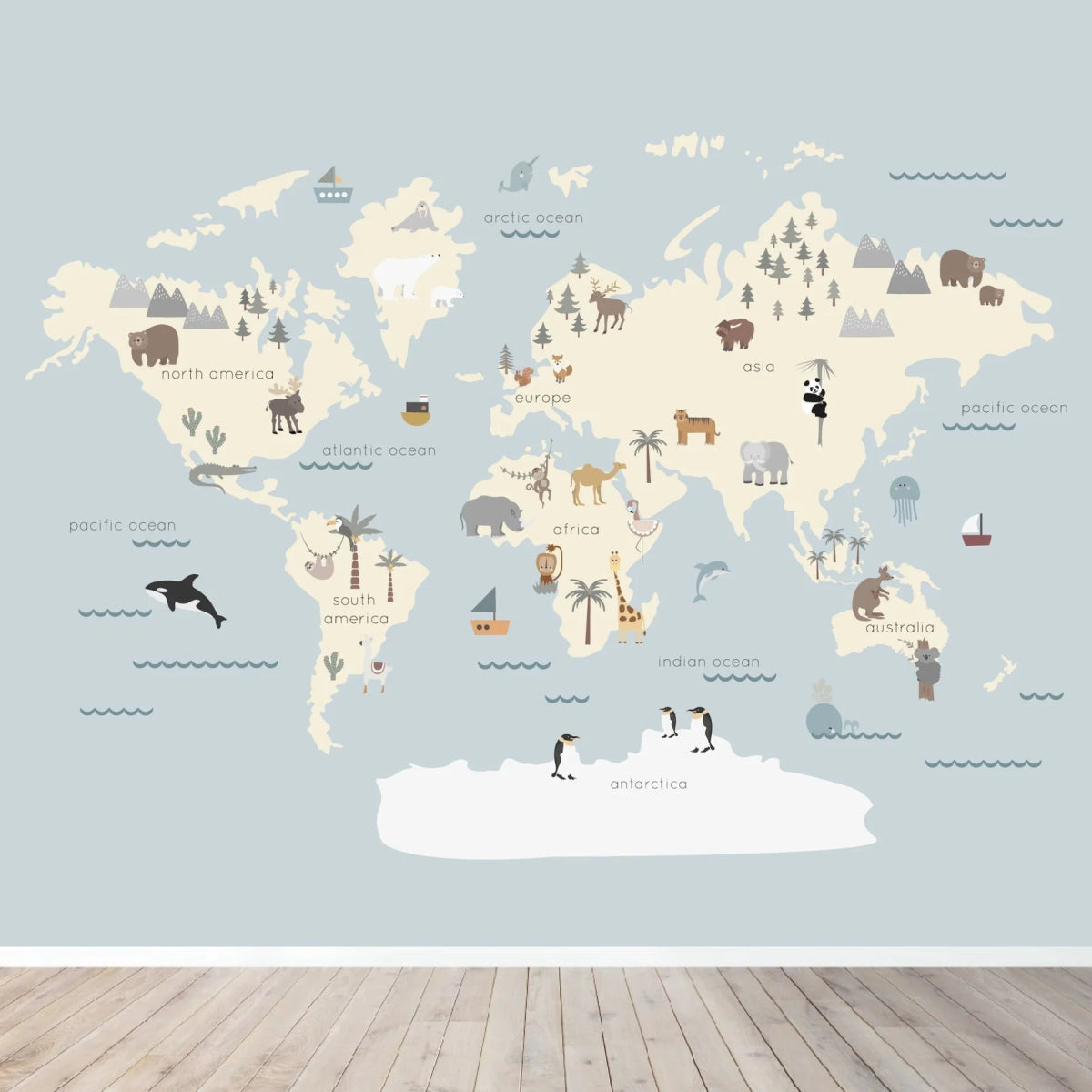 MUNKS & ME-Papier Peint Panoramique Pour Enfants - Carte Du Monde Avec Personnages | Bleu