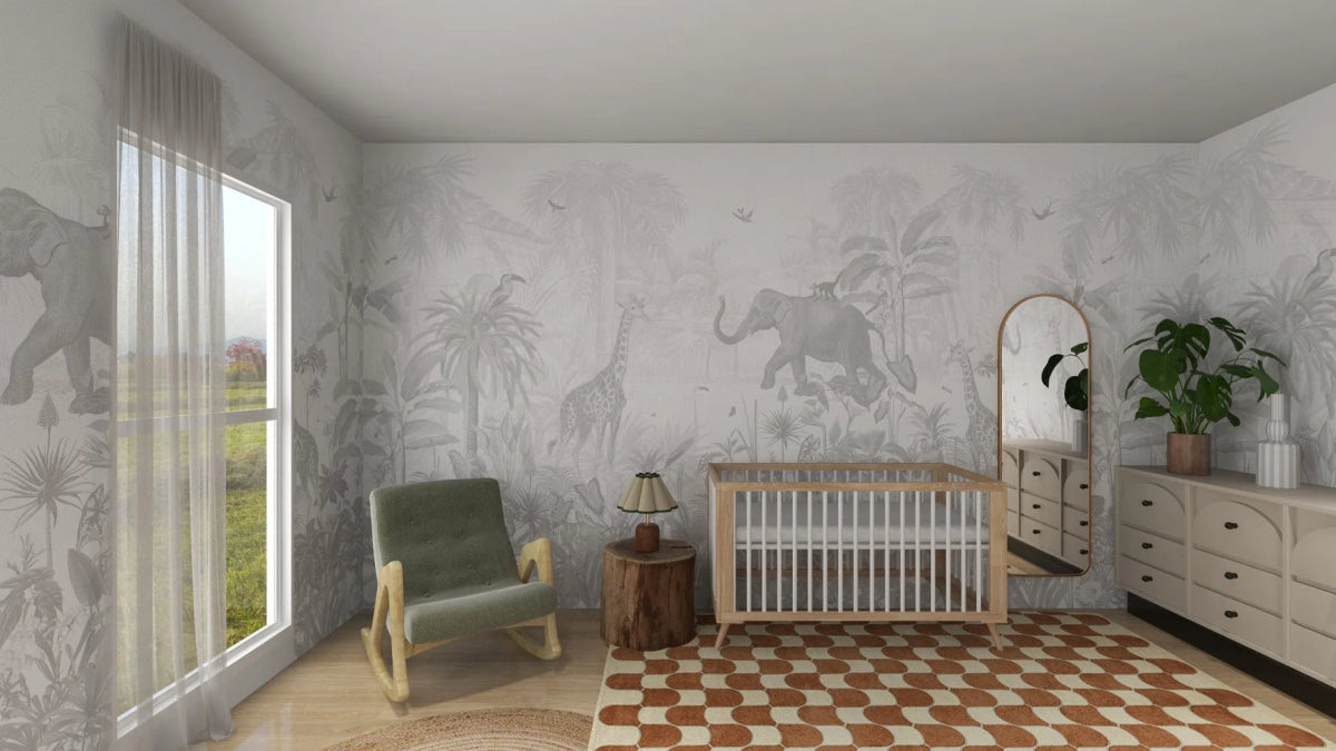MUNKS & ME-Papier Peint Panoramique Pour Enfants - Munks + Me X Olivia Bowen | Jungle Magique Monochrome