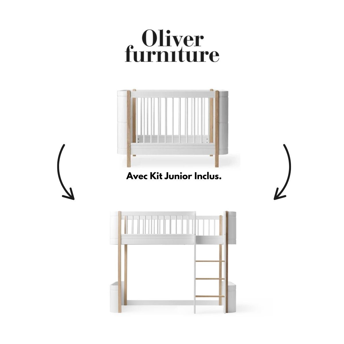 OLIVER FURNITURE-041453 - Kit De Conversion - Lit Bébé Évolutif Mini+, Avec Kit Junior Inclus - En Lit Mezzanine Mi-haut, Blanc/chêne