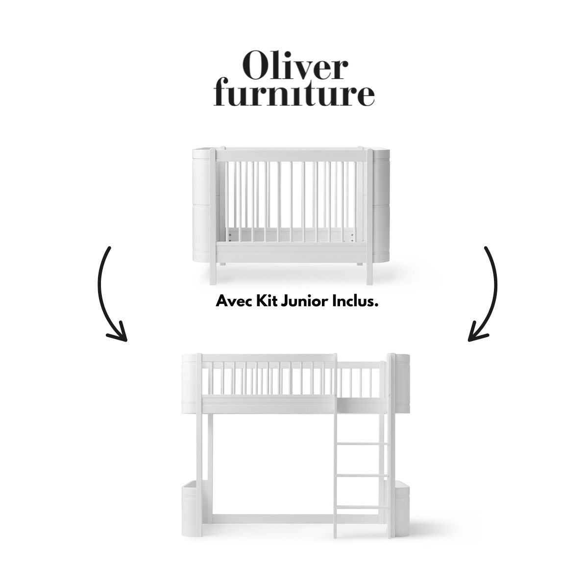 OLIVER FURNITURE-041454 - Kit De Conversion - Lit Bébé Évolutif Mini+, Avec Kit Junior Inclus - En Lit Mezzanine Mi-haut, Blanc
