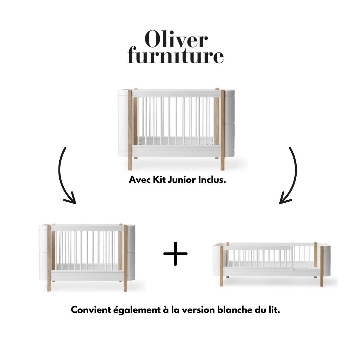 OLIVER FURNITURE-041457 - Kit De Conversion - Lit Bébé Évolutif Mini+, Kit Famille (complément Au Lit Bébé Évolutif Mini+, Avec Kit Junior Inclus, Blanc/chêne Et Blanc)