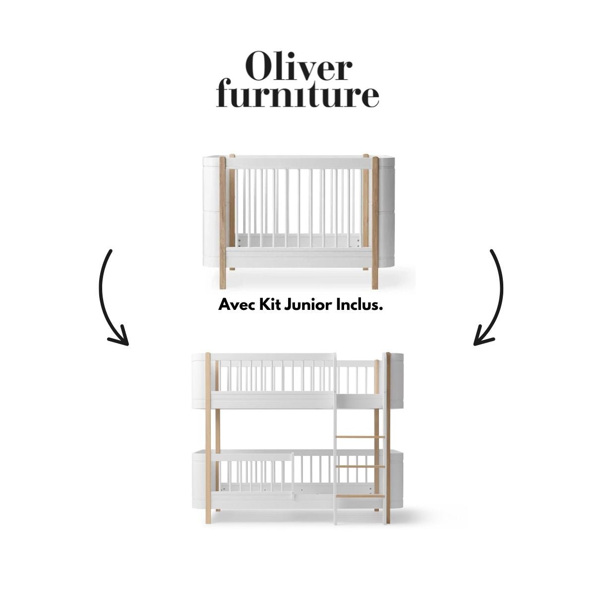 OLIVER FURNITURE-041481 - Kit De Conversion - Lit Bébé Évolutif Mini+, Avec Kit Junior Inclus - En Lit Superposé Mi-haut, Blanc/chêne