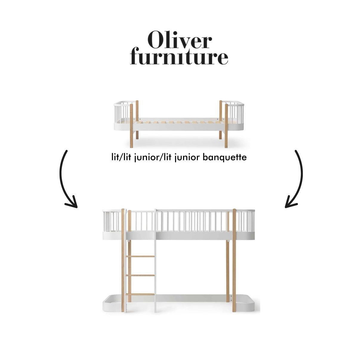 OLIVER FURNITURE-041747 - Kit De Conversion Original, Lit/lit Junior/lit Junior Banquette - En Lit Mezzanine Mi-haut 138 Cm, Blanc/chêne