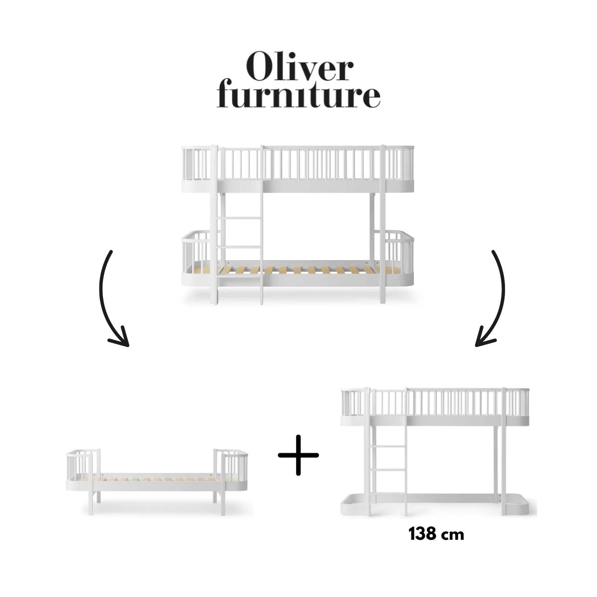 OLIVER FURNITURE-041772 - Kit De Conversion Original, Lit Superposé Mi-haut - En 1 Lit Et 1 Lit Mezzanine Mi-haut 138 Cm, Blanc