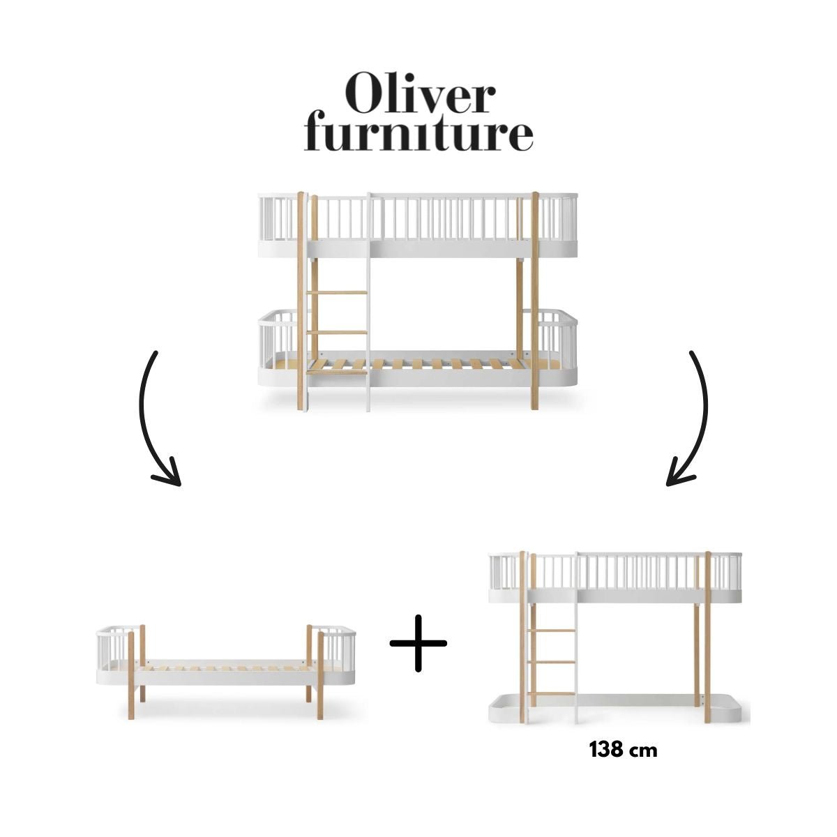 OLIVER FURNITURE-041773 - Kit De Conversion Original, Lit Superposé Mi-haut - En 1 Lit Et 1 Lit Mezzanine Mi-haut 138 Cm, Blanc/chêne