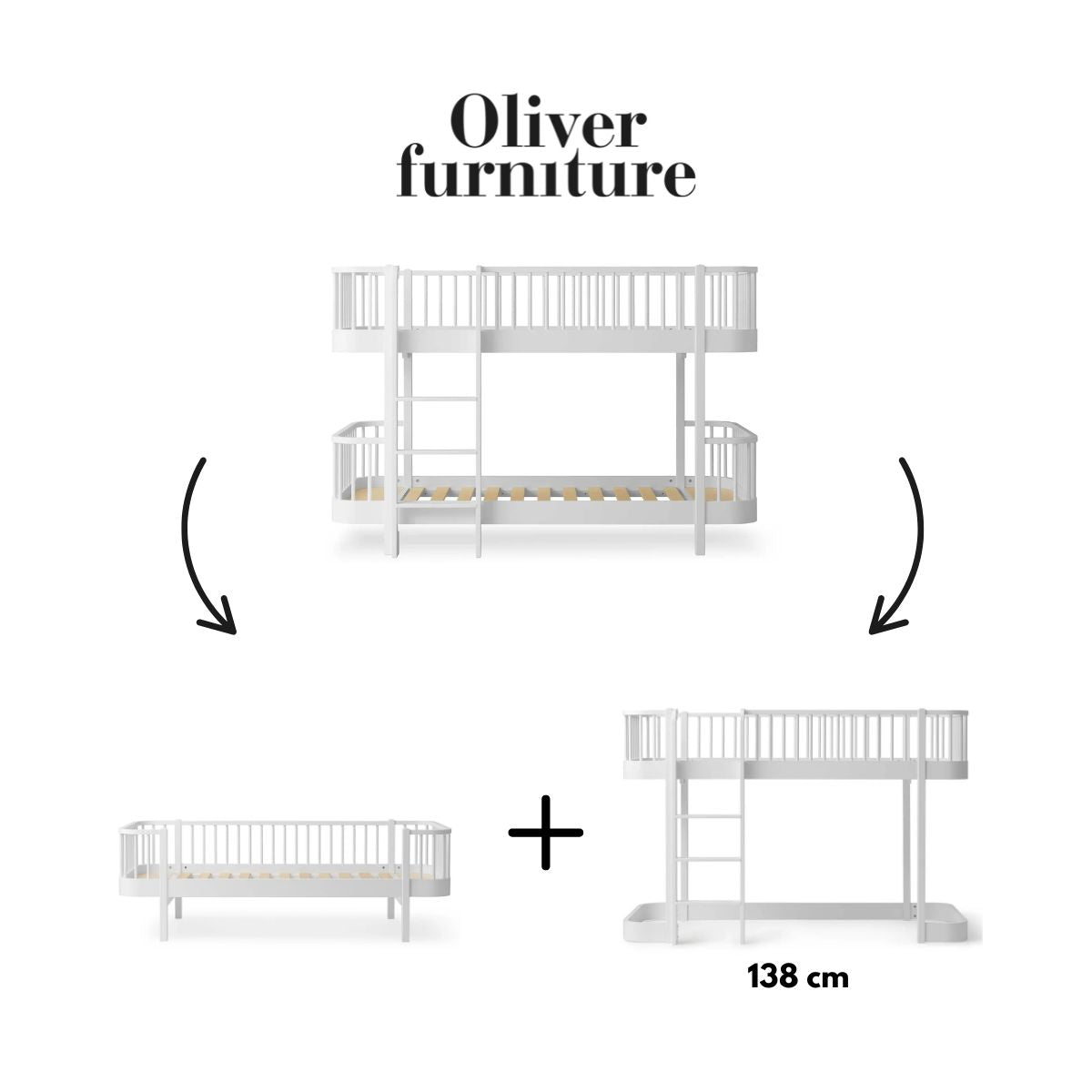 OLIVER FURNITURE-041774 - Kit De Conversion Original, Lit Superposé Mi-haut - En 1 Lit Banquette Et 1 Lit Mezzanine Mi-haut 138 Cm, Blanc