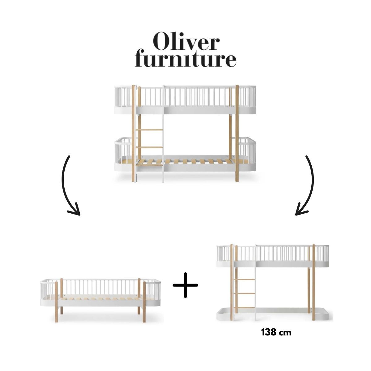 OLIVER FURNITURE-041775 - Kit De Conversion Original, Lit Superposé Mi-haut - En 1 Lit Banquette Et 1 Lit Mezzanine Mi-haut 138 Cm, Blanc/chêne