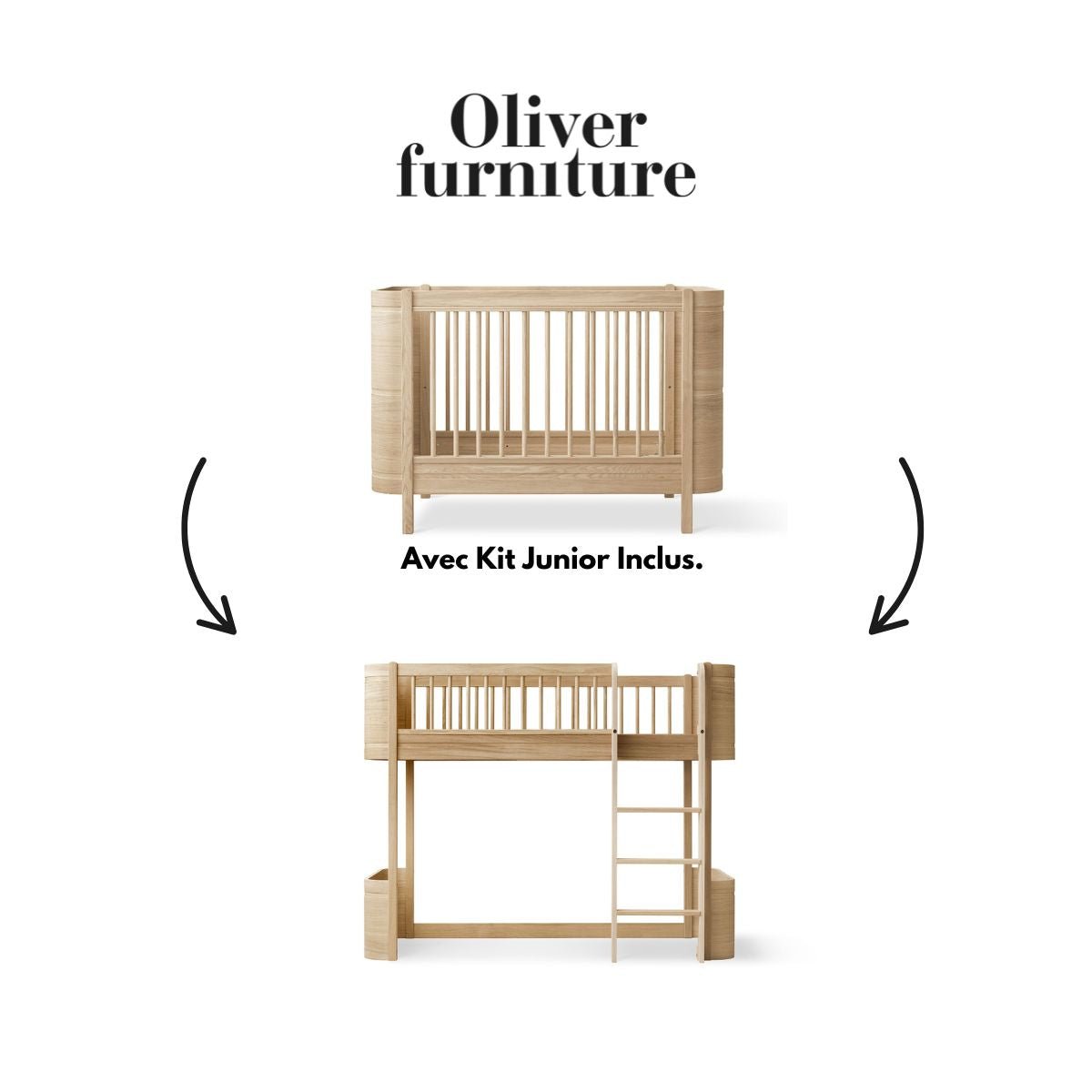 OLIVER FURNITURE-041781 - Kit De Conversion - Lit Bébé Évolutif Mini+, Avec Kit Junior Inclus - En Lit Mezzanine Mi-haut, Chêne