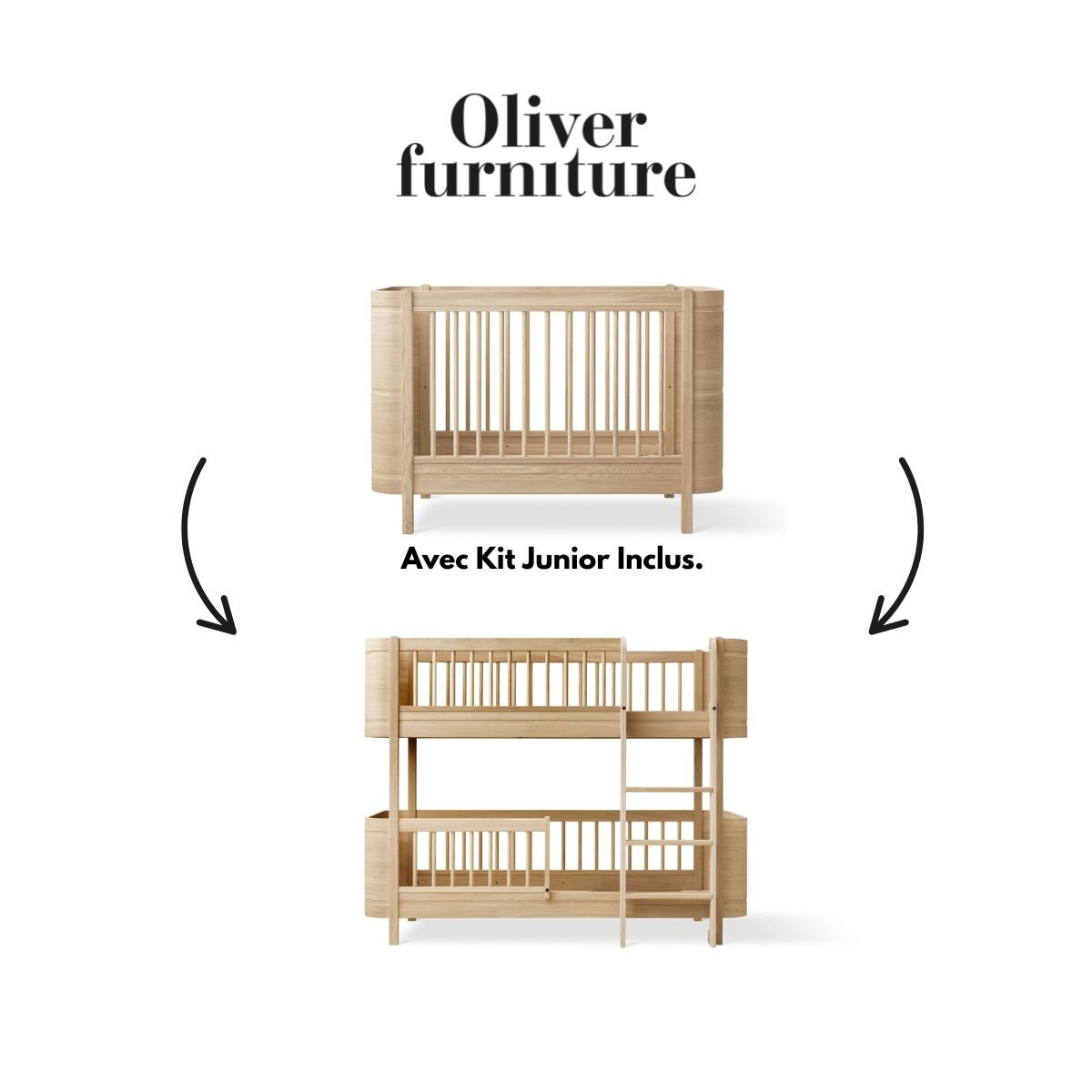 OLIVER FURNITURE-041782 - Kit De Conversion - Lit Bébé Évolutif Mini+, Avec Kit Junior Inclus - En Lit Superposé Mi-haut, Chêne