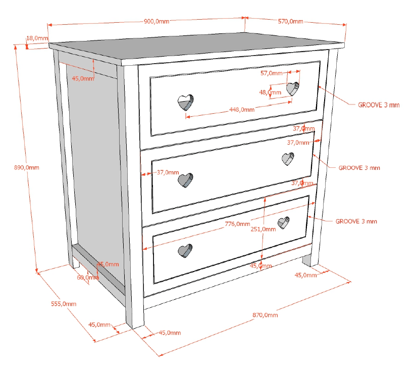 VIPACK-Commode AMORI 3 Tiroirs Blanc