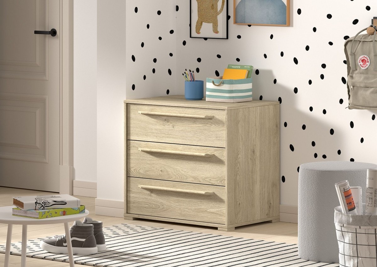 VIPACK-Commode SAM 3 Tiroirs Pour Lit Mi-Hauteur Chêne