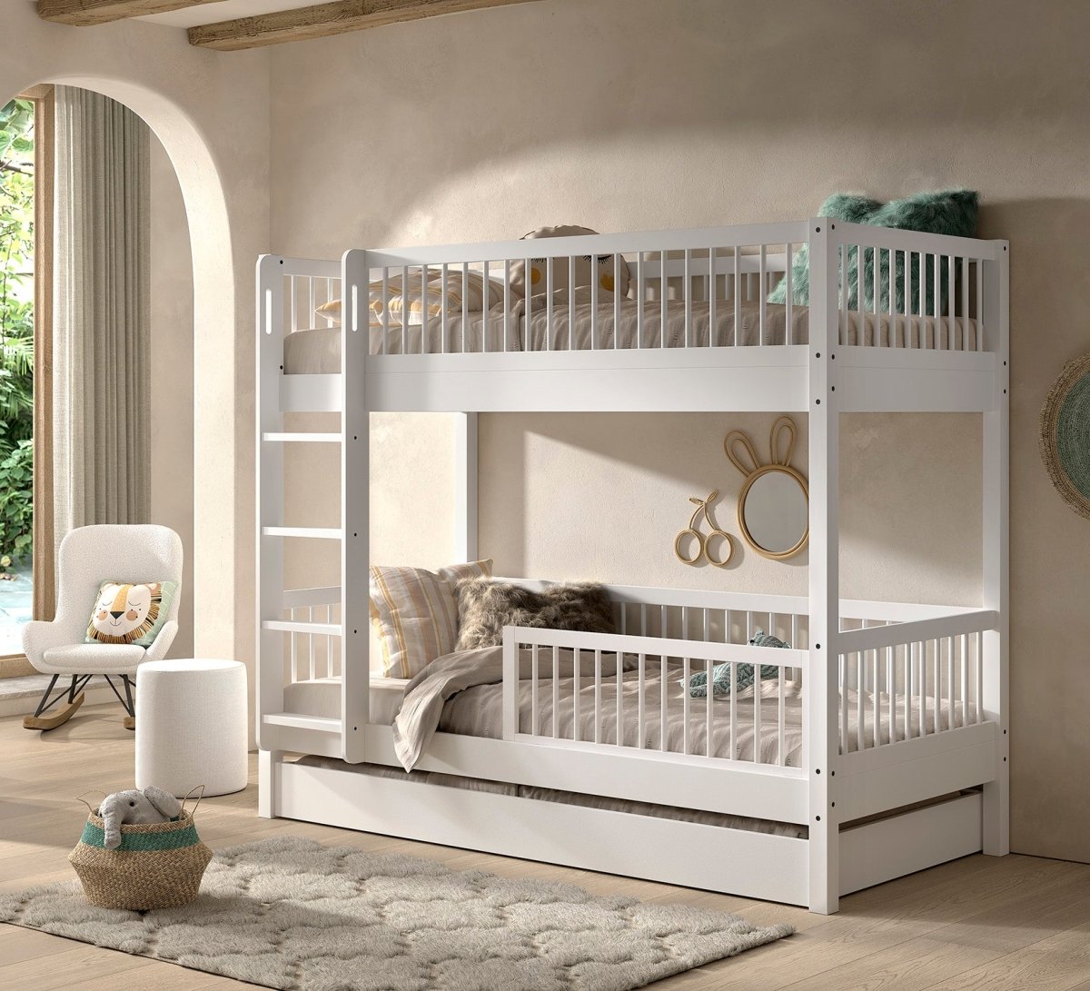 VIPACK-Ensemble Lit Superposé + Lit + Barrière De Sécurité + Tiroir De Rangement Forrest – 90 x 200 Cm – Blanc