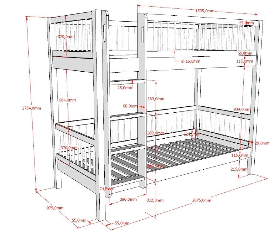 VIPACK-Ensemble Lit Superposé + Lit + Barrière De Sécurité + Tiroir De Rangement Forrest – 90 x 200 Cm – En Chêne