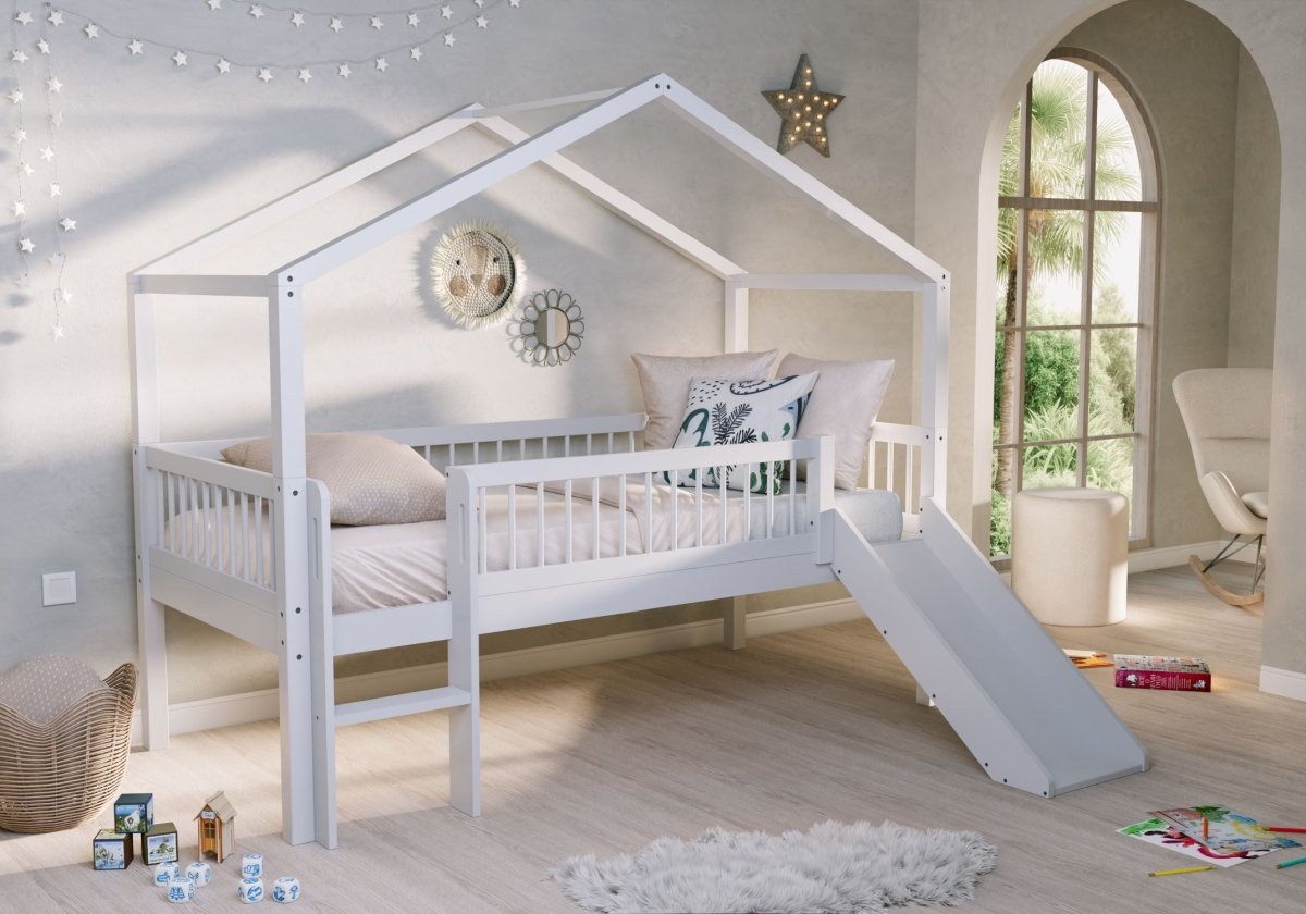 VIPACK-Lit Cabane Avec Toboggan Forrest – 90 x 200 Cm – En Hêtre Blanc