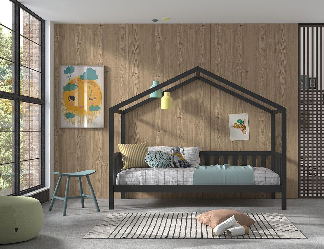 VIPACK-Lit Cabane Dallas Anthracite Avec Grille 90 x 200 cm