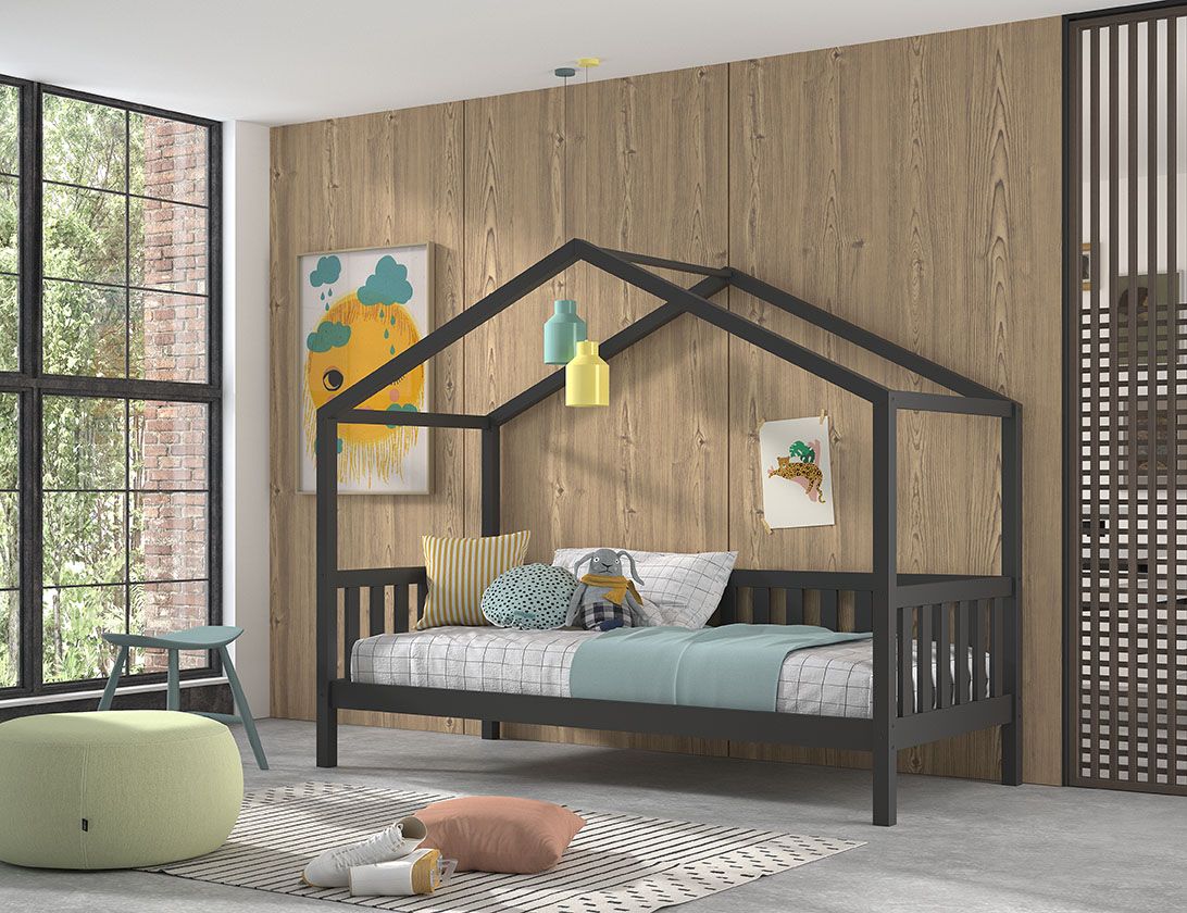 VIPACK-Lit Cabane Dallas Anthracite Avec Grille 90 x 200 cm