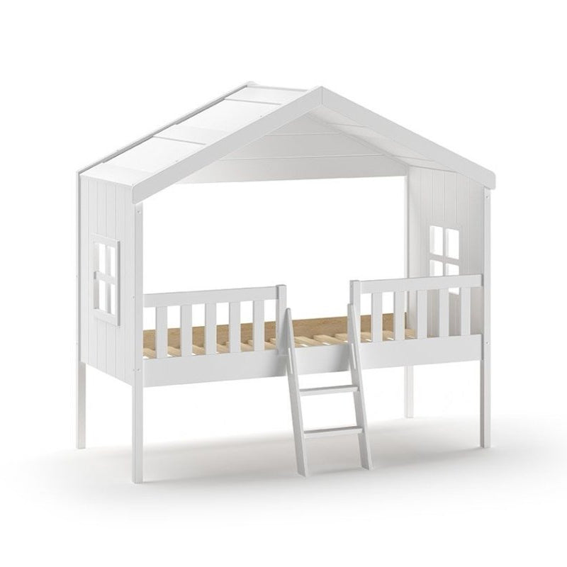 VIPACK-Lit Cabane HOUSEBED Avec Échelle 90x200cm Blanc
