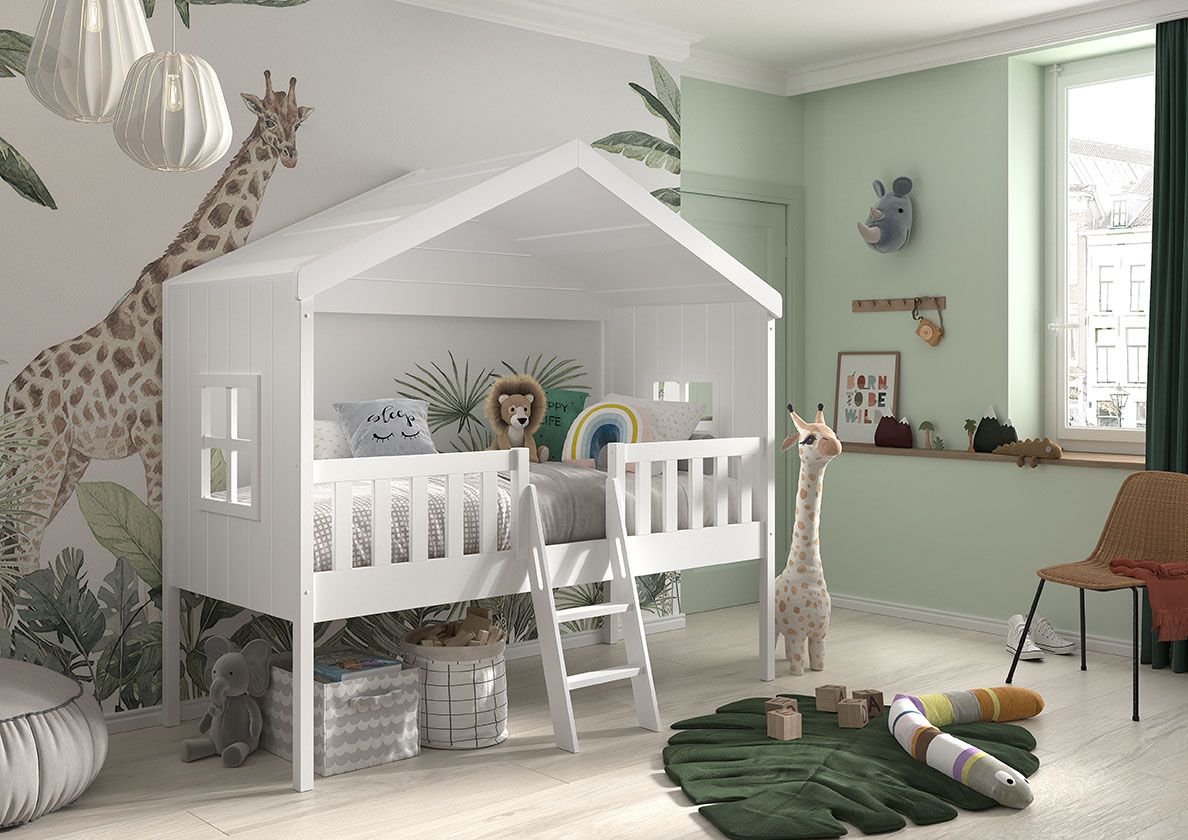 VIPACK-Lit Cabane HOUSEBED Avec Échelle 90x200cm Blanc