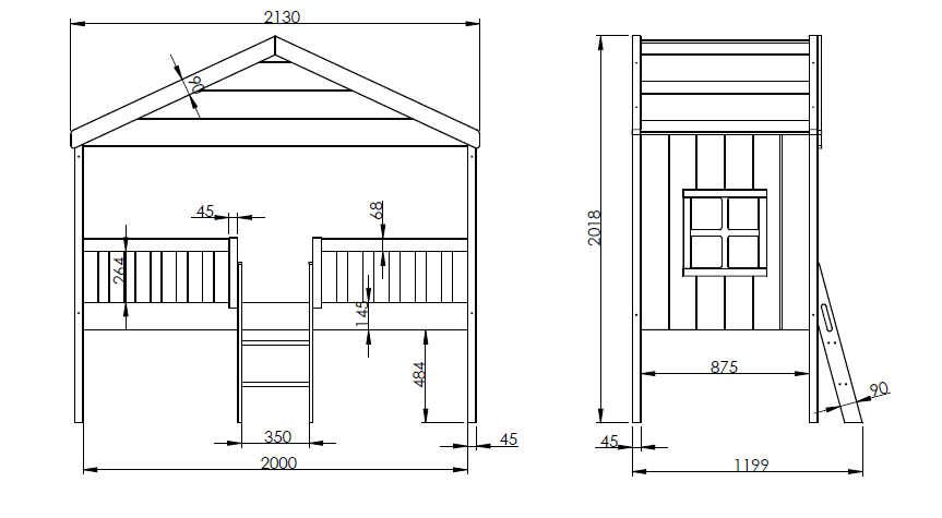 VIPACK-Lit Cabane HOUSEBED Avec Échelle 90x200cm Blanc