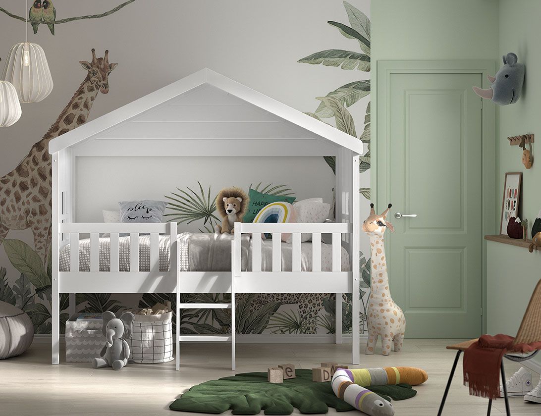 VIPACK-Lit Cabane HOUSEBED Avec Échelle 90x200cm Blanc