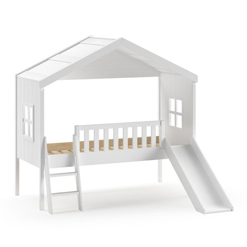 VIPACK-Lit Cabane HOUSEBED Avec Toboggan 90x200cm Blanc