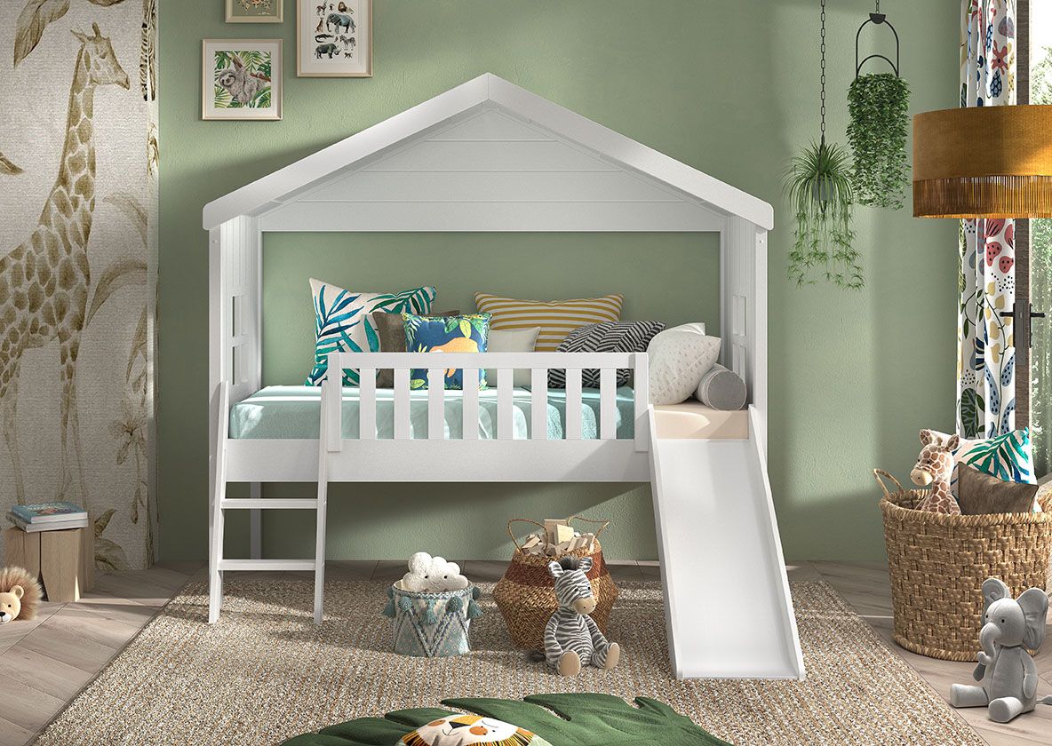 VIPACK-Lit Cabane HOUSEBED Avec Toboggan 90x200cm Blanc