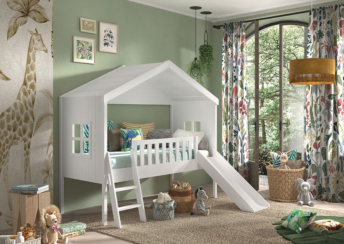 VIPACK-Lit Cabane HOUSEBED Avec Toboggan 90x200cm Blanc