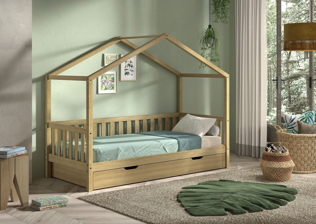 VIPACK-Lit Cabane Nature Avec Grille 90 X 200 cm Chêne