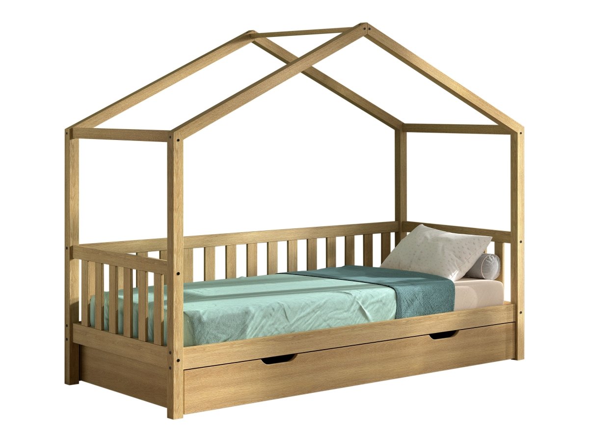 VIPACK-Lit Cabane Nature Avec Grille 90 X 200 cm Chêne