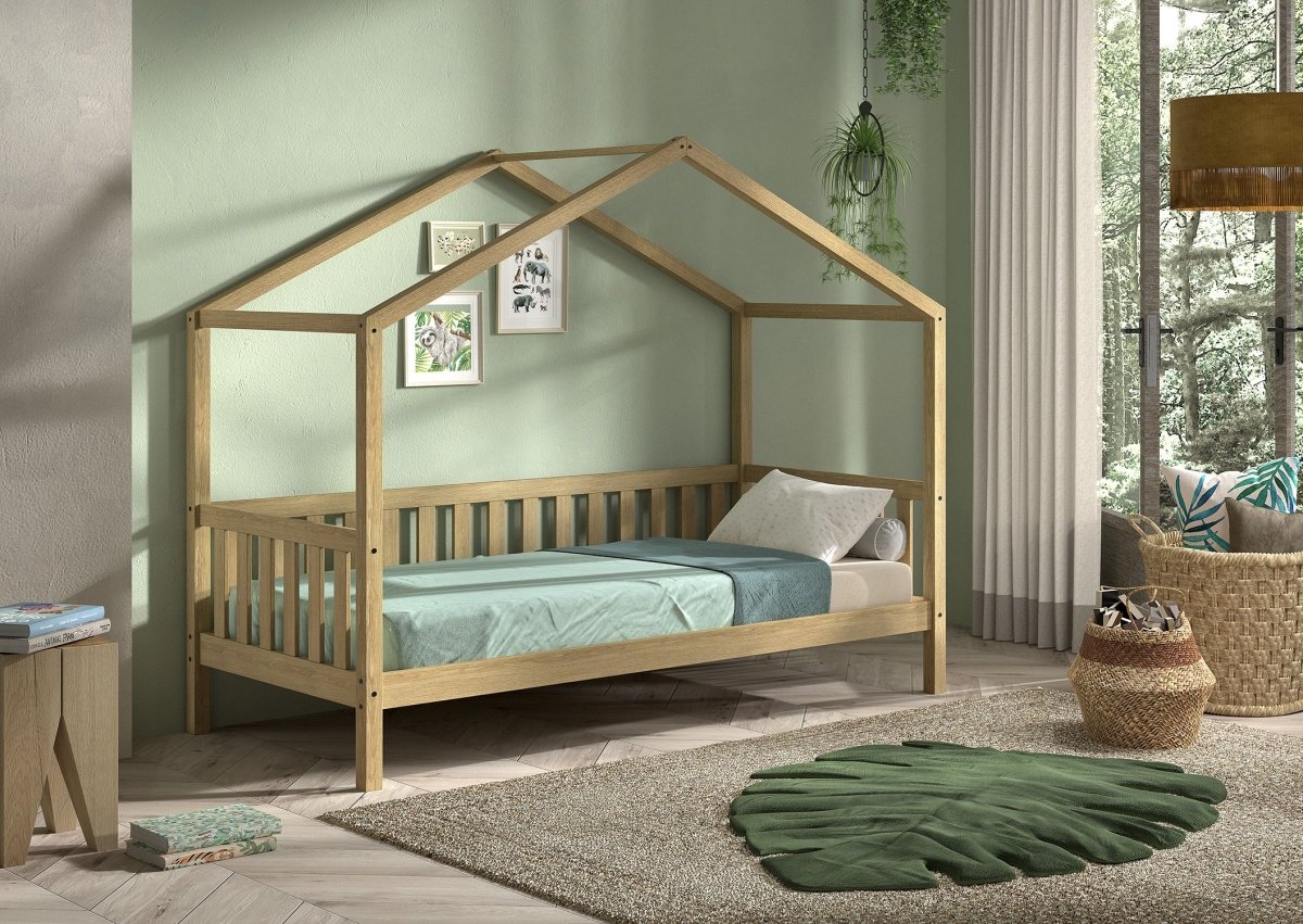 VIPACK-Lit Cabane Nature Avec Grille 90 X 200 cm Chêne