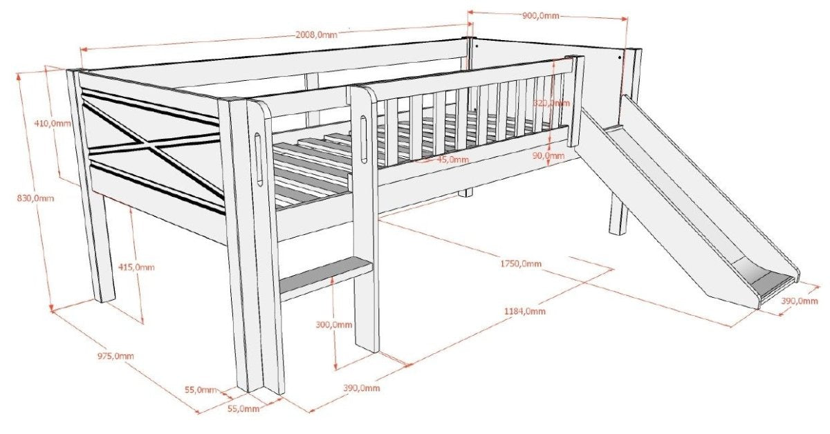 VIPACK-Lit Mezzanine Mi-Hauteur (H 85cm) SCOTT Avec Toboggan 90 X 200 cm Blanc