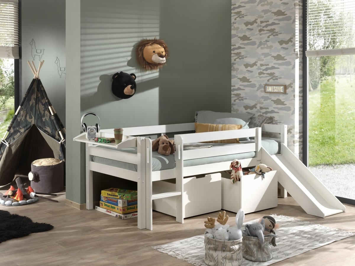 VIPACK-Lit Mezzanine Mi-Hauteur (H 85cm) SCOTT Avec Toboggan 90 X 200 cm Blanc