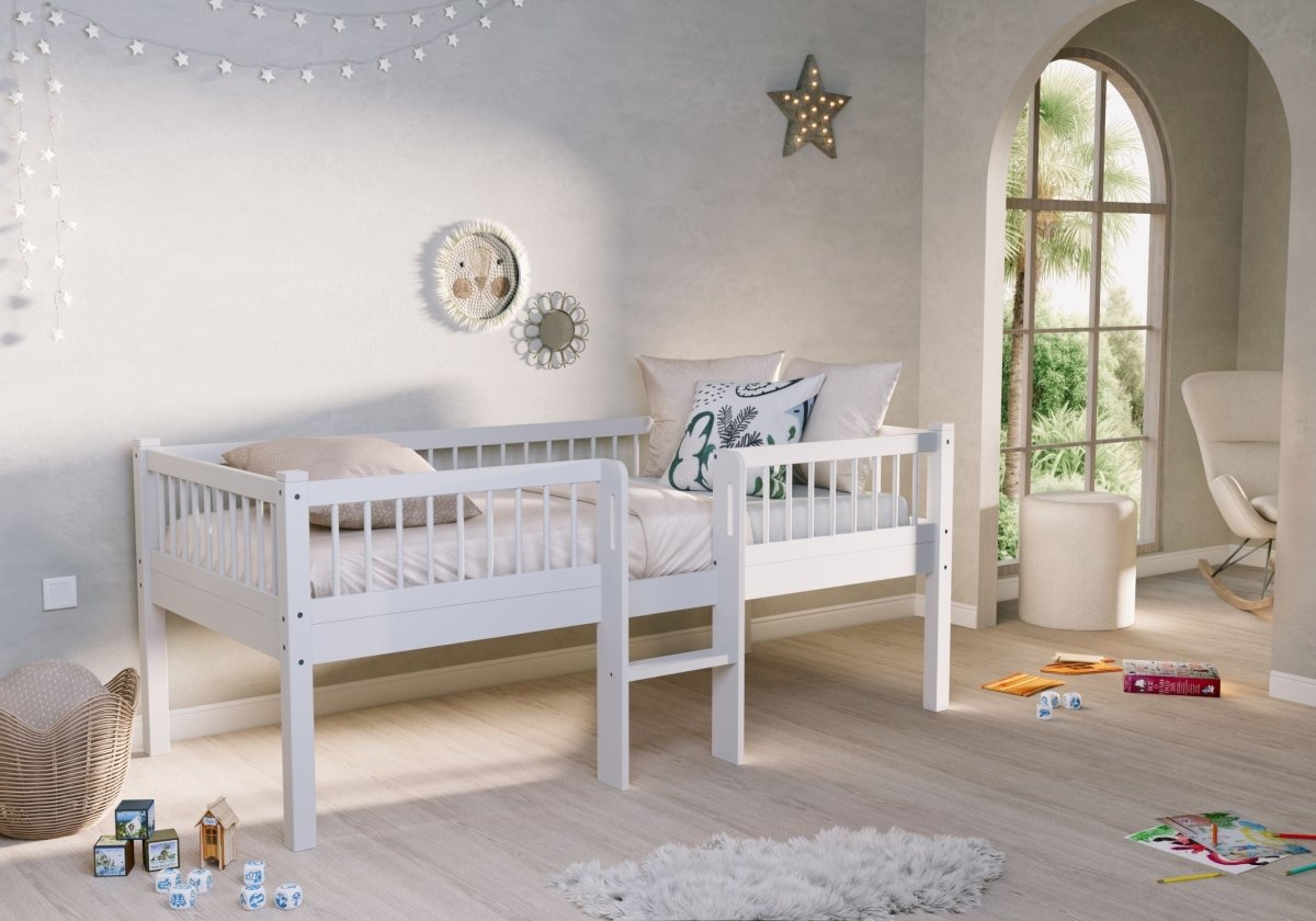 VIPACK-Lit Mi-Hauteur Bas Avec Échelle Forrest – 90 x 200 Cm – En Hêtre Blanc