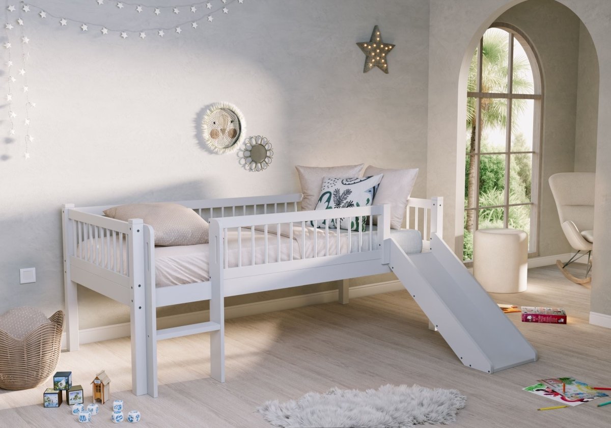 VIPACK-Lit Mi-Hauteur Bas Avec Toboggan Forrest – 90 x 200 Cm – En Hêtre Blanc