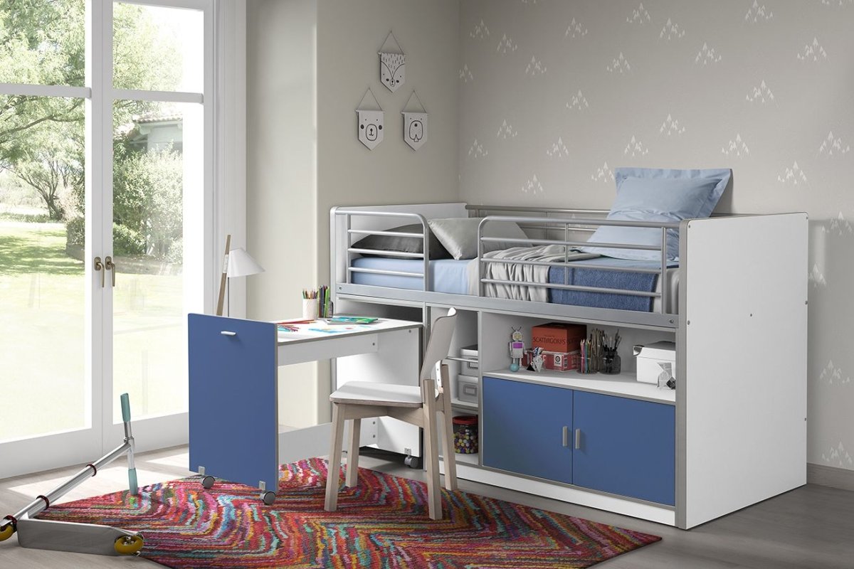 VIPACK-Lit Mi-Hauteur BONNY Avec Bureau & Rangement - Bleu 90 X 200 Cm