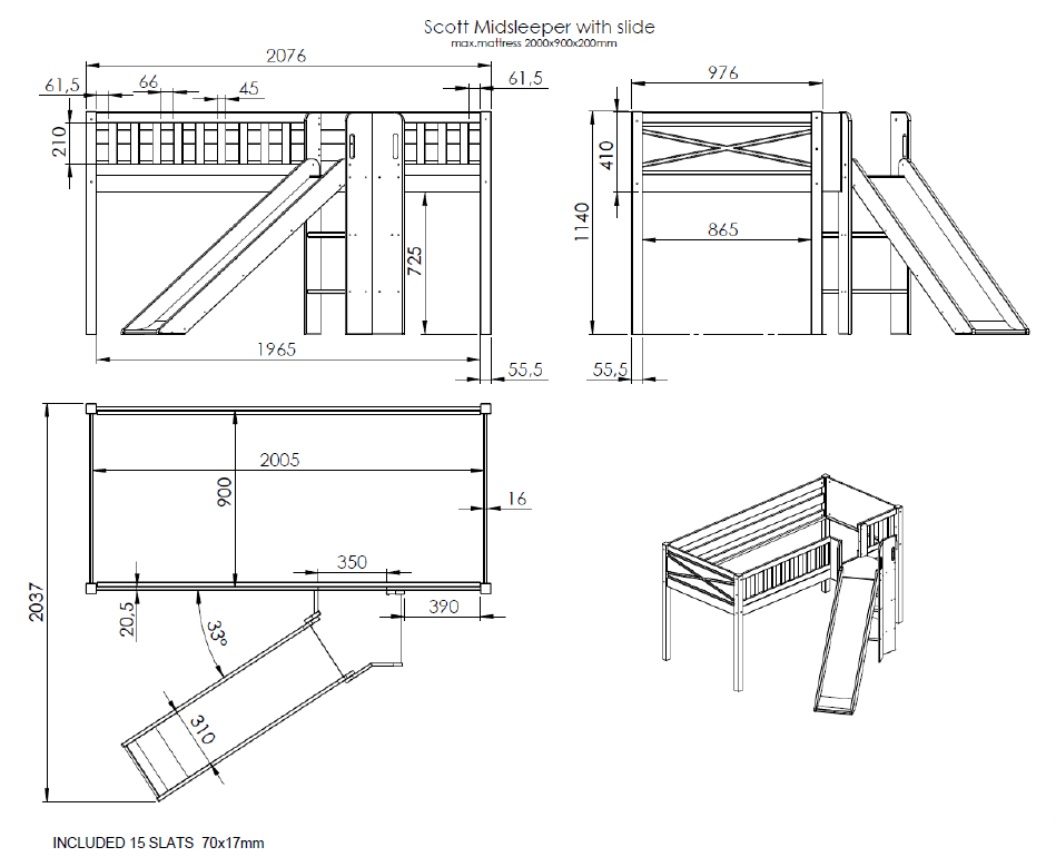 VIPACK-Lit Mezzanine Mi-Hauteur (H 115cm) SCOTT Avec Toboggan 90 X 200 cm Blanc