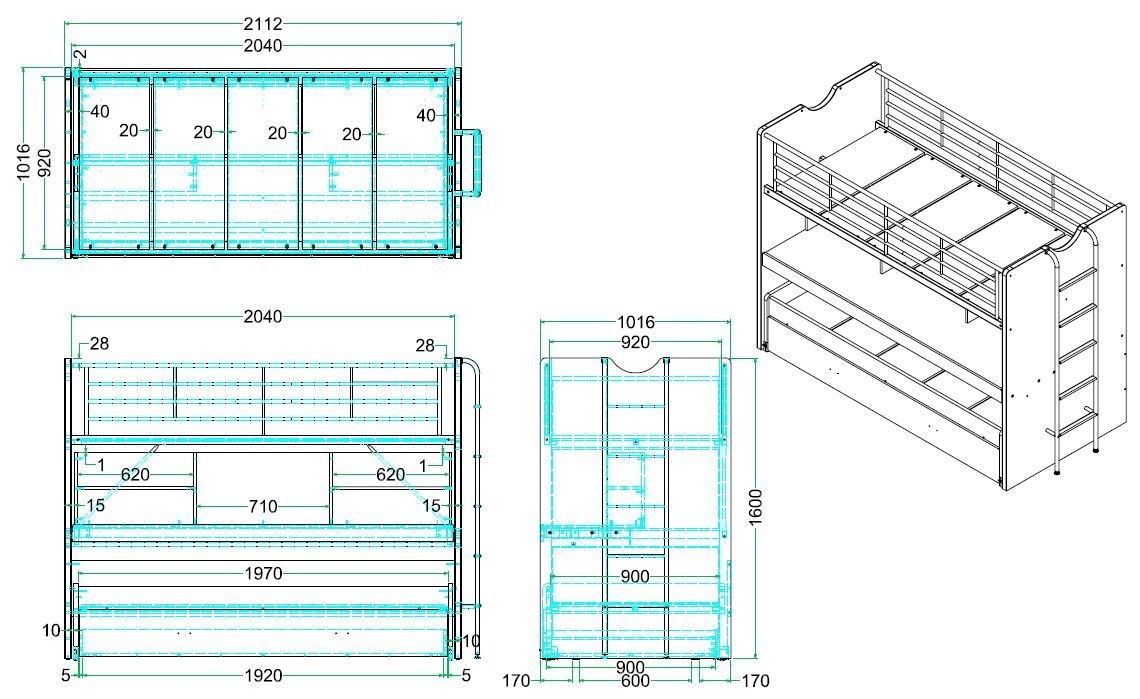 VIPACK-Lit Superposé BONNY 90 X 200 Cm Bleu