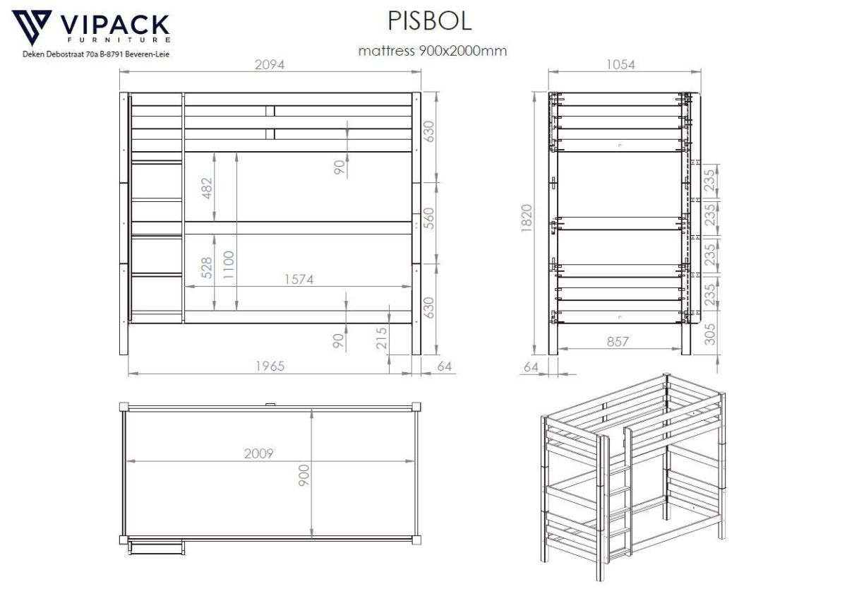 VIPACK-Lit Superposé (H 180cm) PINO 90 X 200 cm Gris