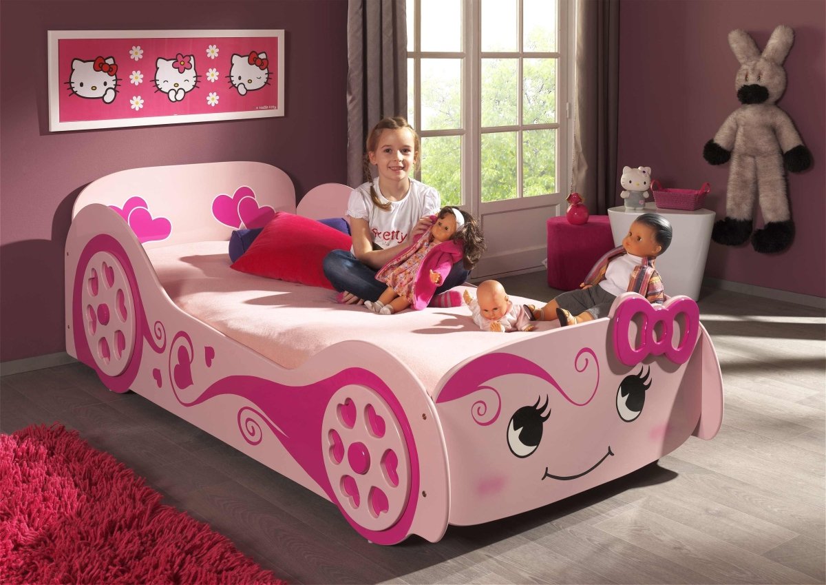 VIPACK-Lit Voiture LOVE LIT 90x200cm Rose Avec Matelas Assorti