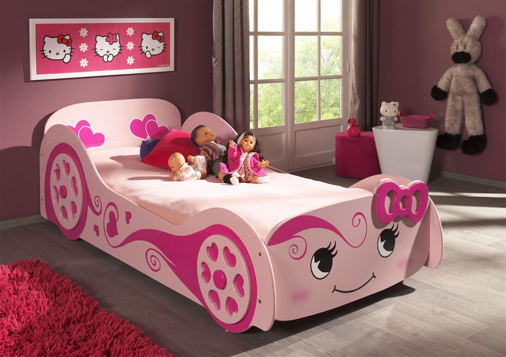 VIPACK-Lit Voiture LOVE LIT 90x200cm Rose Avec Matelas Assorti