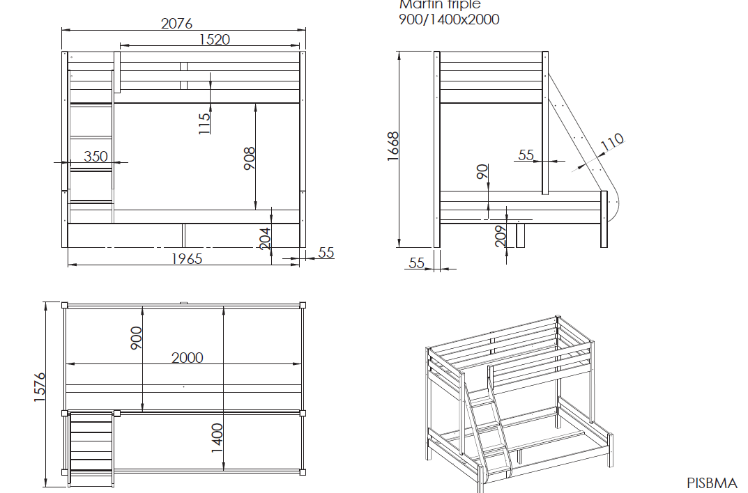 VIPACK-Lit De Famille PINO 140 x 200 cm + 90 x 200 cm Gris