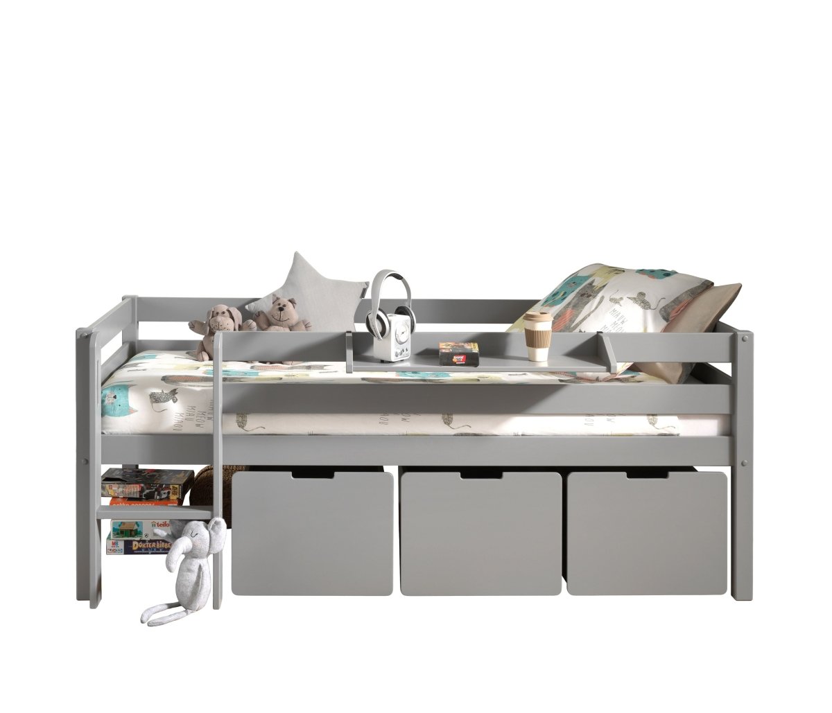 VIPACK-Lit Mi-Hauteur PINO (H 85cm) Avec Échelle 90 x 200 cm Gris