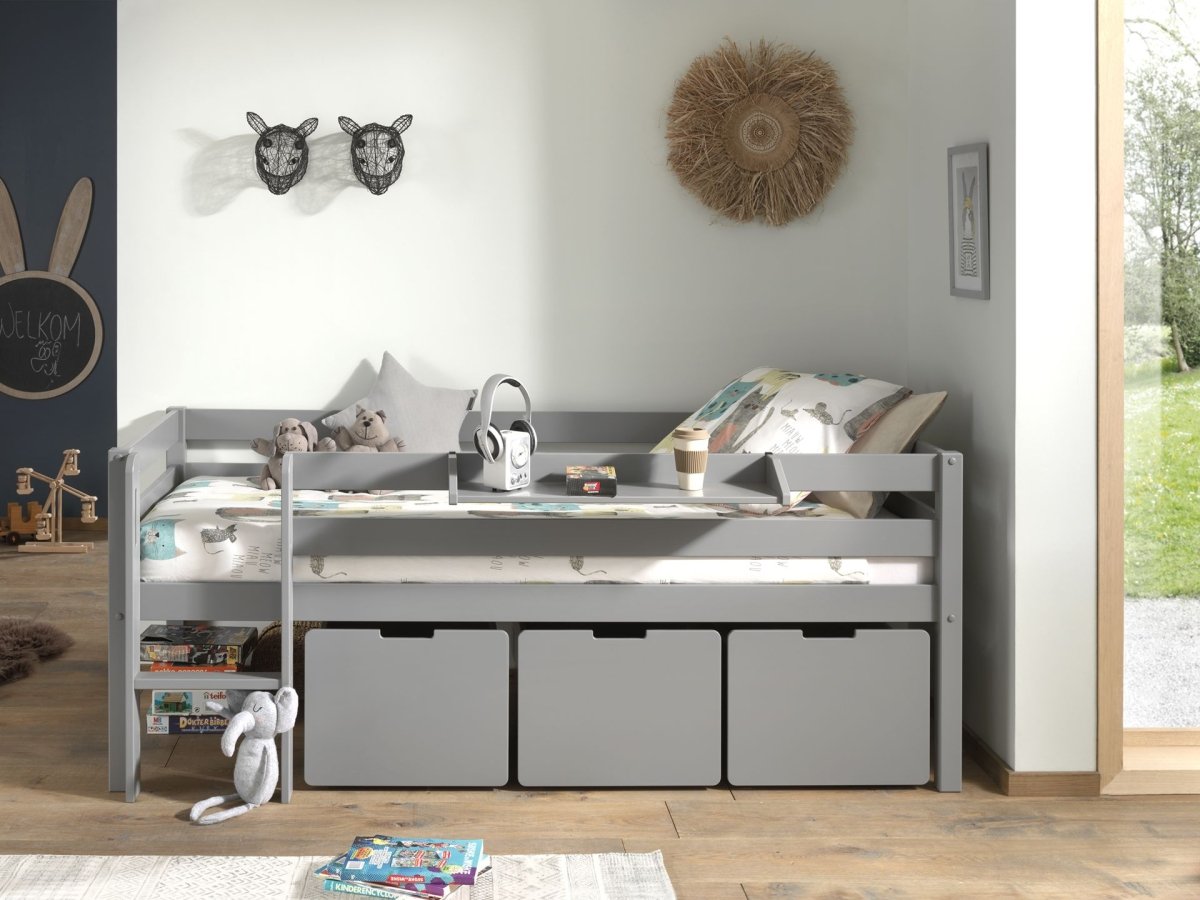 VIPACK-Lit Mi-Hauteur PINO (H 85cm) Avec Échelle 90 x 200 cm Gris