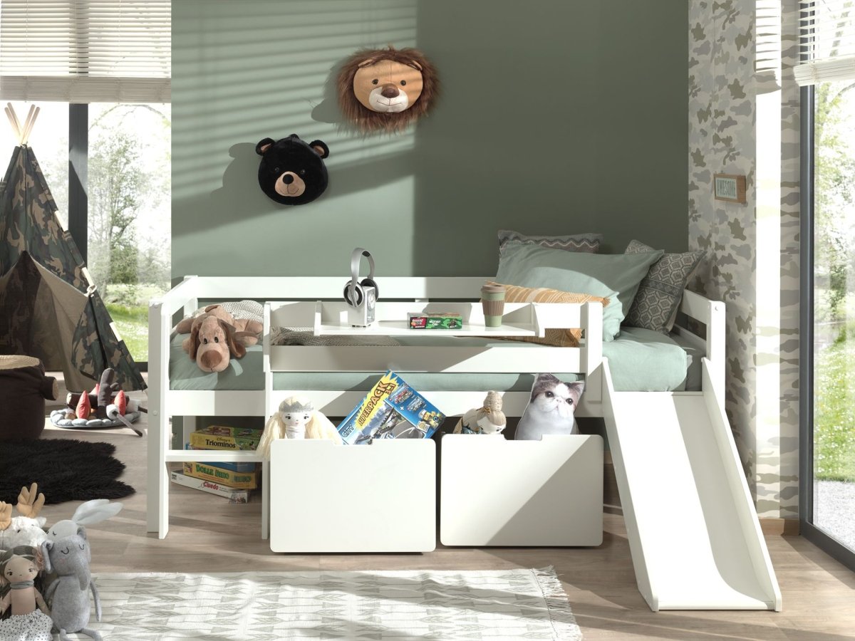 VIPACK-Lit Mi-Hauteur (H 85cm) PINO Avec Toboggan 90 x 200 cm Blanc
