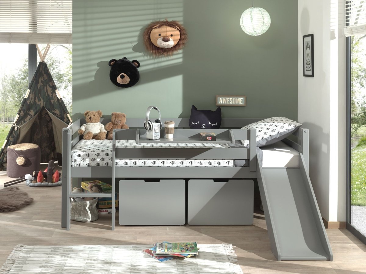 VIPACK-Lit Mi-Hauteur (H 85cm) PINO Avec Toboggan 90 x 200 cm Gris